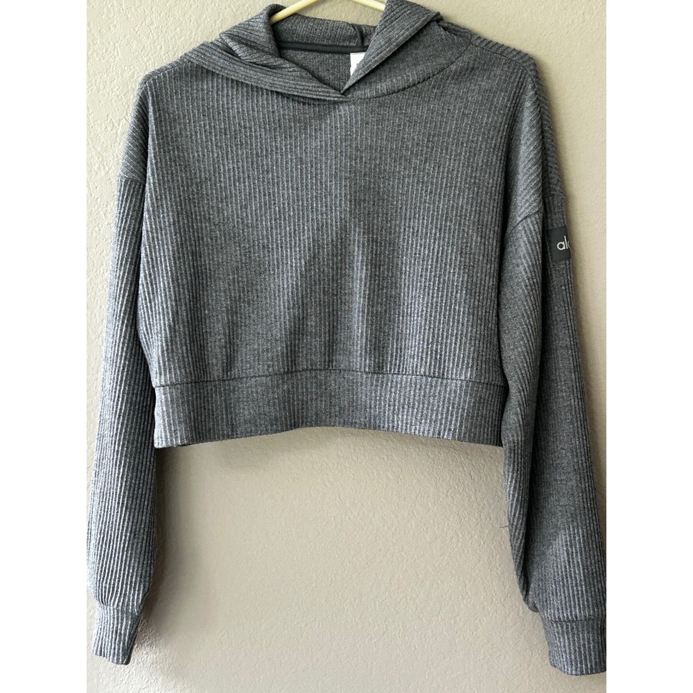 Alo Yoga Muse Hoodie Heather Grey Ribbed Cropped Sweatshirt XS